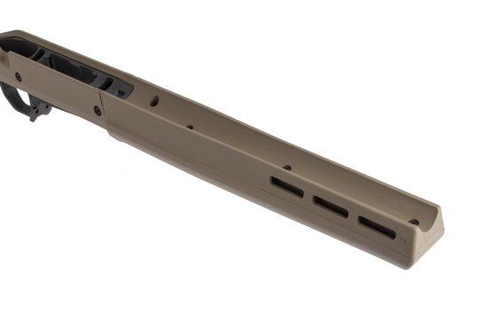 Magpul Hunter stock in flat dark earth for short action Ruger American uses a comfortable wide forend with M-LOK slots
